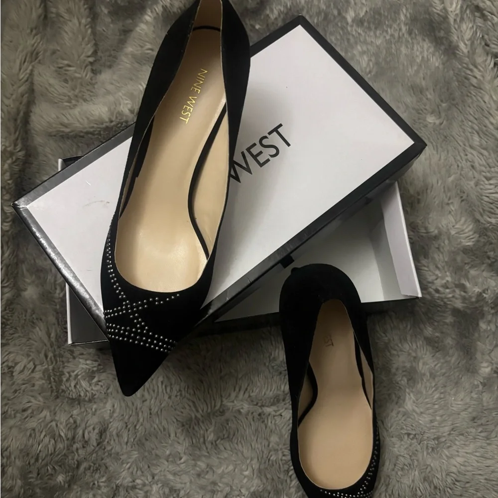 Nine West Black Pointed-Toe Flats with Stud Accent